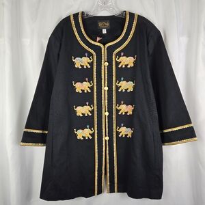 Bob Mackie Wearable Art Black Embroidered Gold Elephant Jacket Plus Size 3X